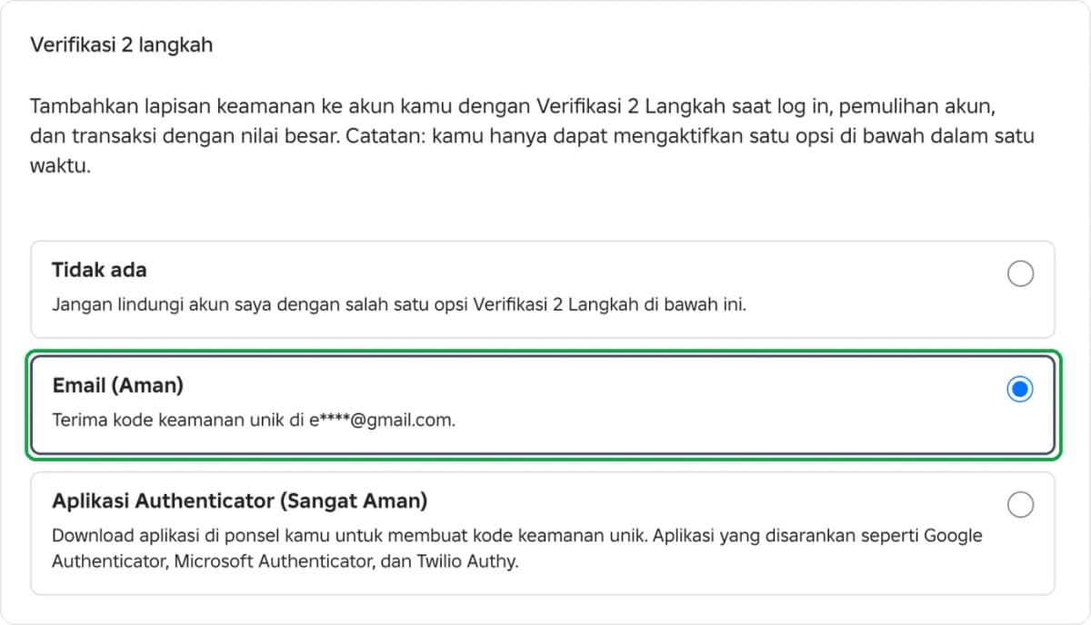 Pilihan Email (Aman) di bagian Verifikasi 2 langkah Roblox