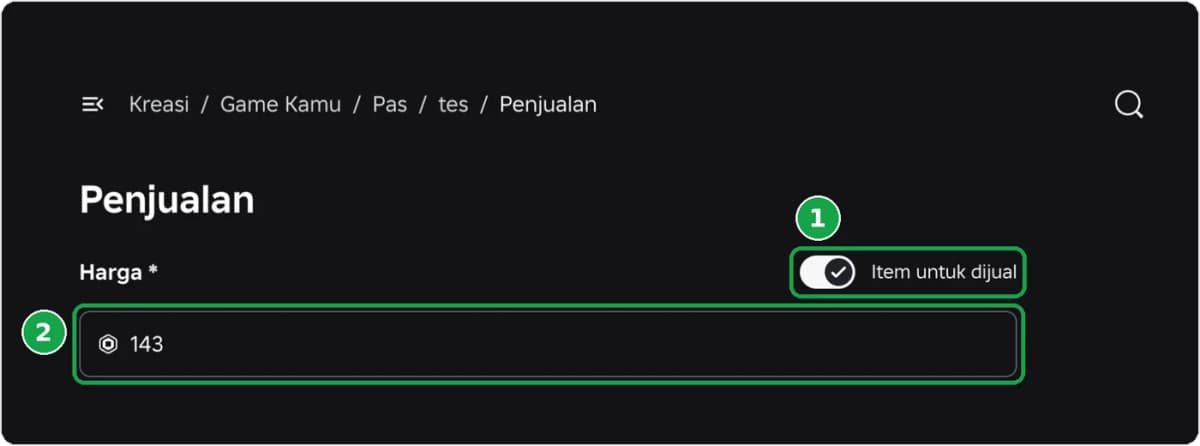 Toggle Item untuk dijual dan kolom Harga di menu Penjualan gamepass Roblox