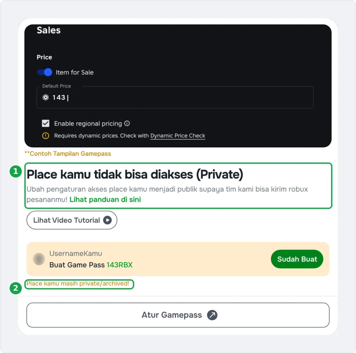 Pesan Place kamu tidak bisa diakses (Private) di halaman gamepass Golrox