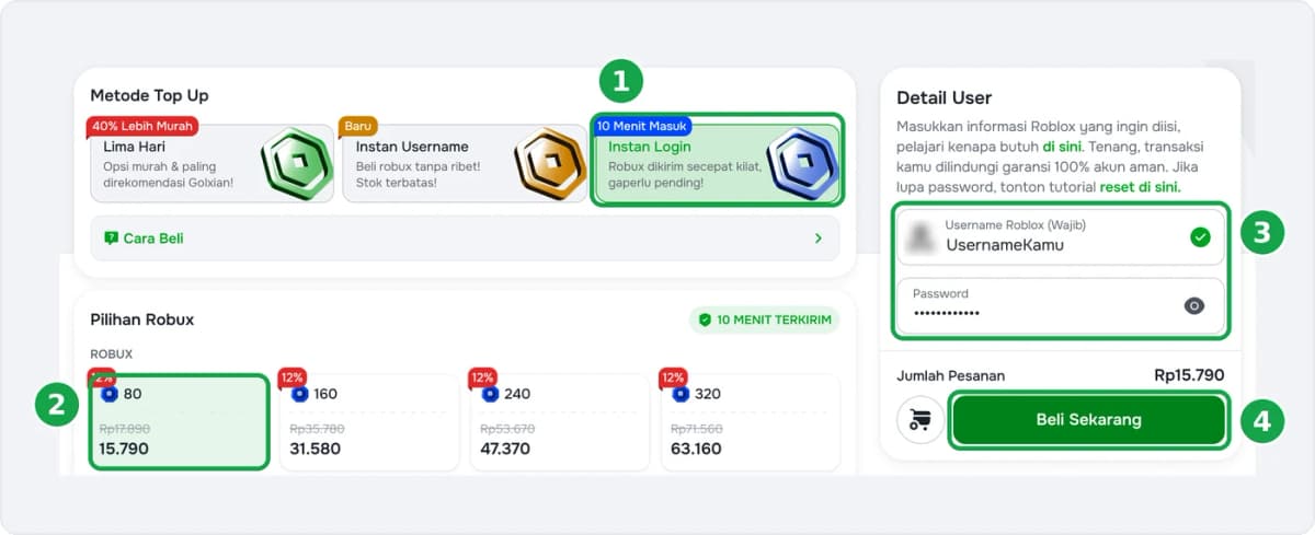 Steps to buy Robux via Instant Login on Golrox: Instant Login method, Robux amount, username and password, then Buy Now