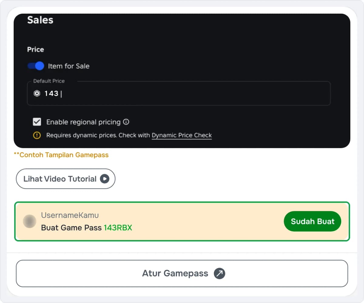 Instruksi Buat Game Pass 143 RBX untuk pembelian 100 Robux di Golrox