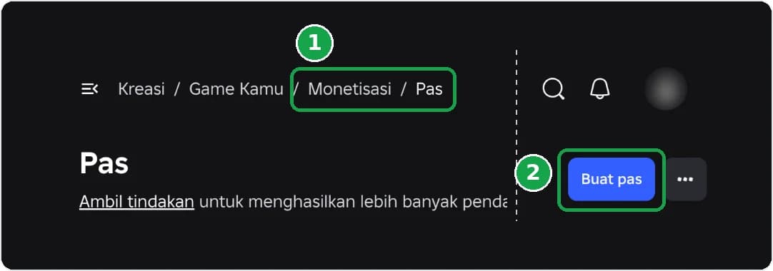 Menu Monetisasi, Pas, dan tombol Buat pas di Roblox Creator Hub