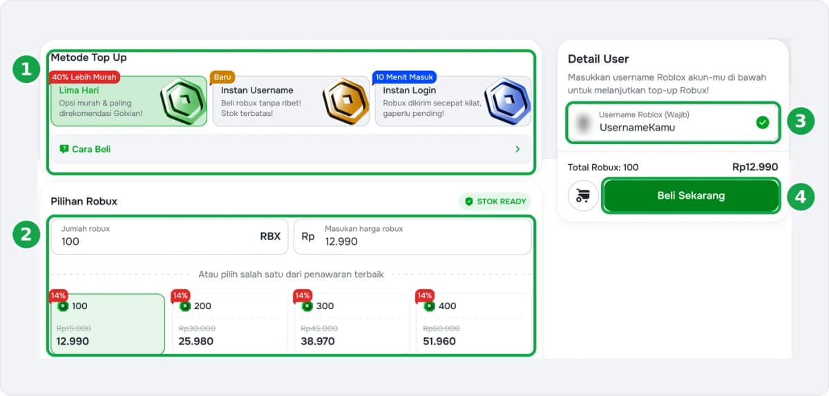 Langkah top up Robux 5 Hari di Golrox: metode Lima Hari, jumlah Robux, username, dan Beli Sekarang