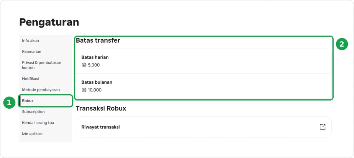 Menu Robux dan bagian Batas transfer di Pengaturan Roblox